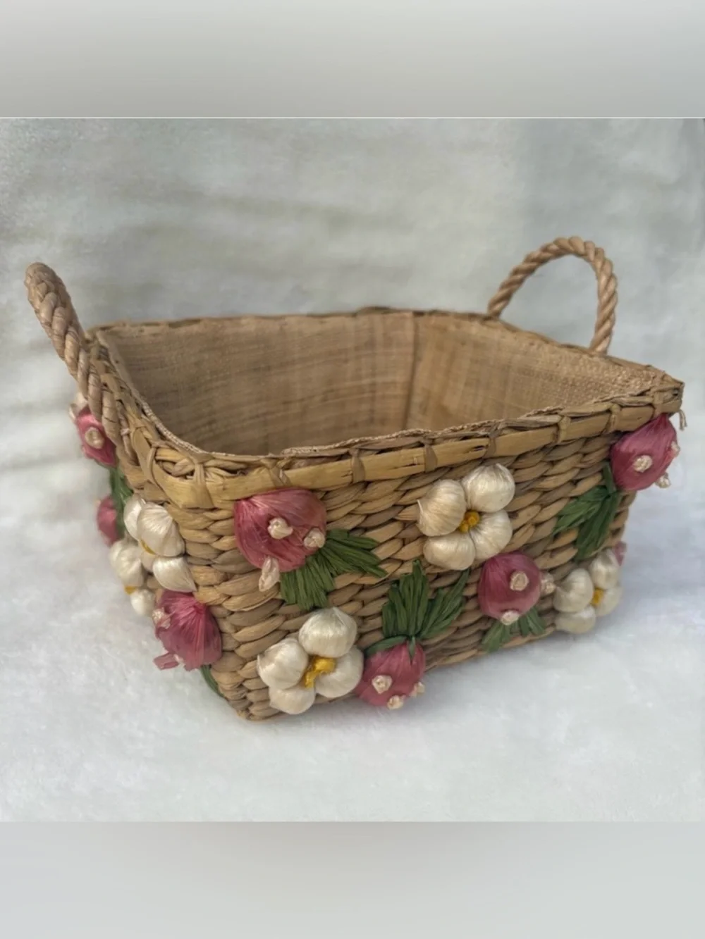 Vintage Handmade Straw Basket w/ Strawberry & Floral with Raffia Trim Handles